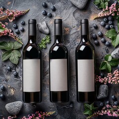 3 dark vine bottles, lying on dark matter substance, white clear blank labels on bottles, dynamic composition.