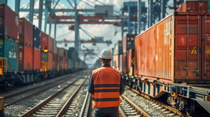 a customs officer sealing an international high-speed rail container after inspection, set in a busy rail yard.