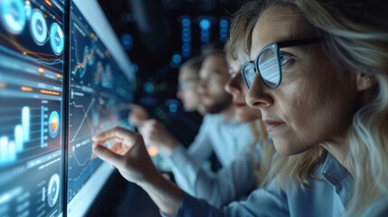 Aufkleber - A marketing and sales team in a real, modern office, intently studying a dashboard filled with data. the engagement of the team with the digital data analysis on the screens. Generative AI.
