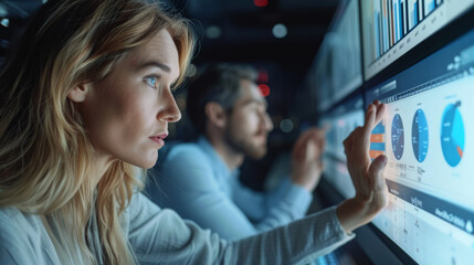 Aufkleber - A marketing and sales team in a real, modern office, intently studying a dashboard filled with data. the engagement of the team with the digital data analysis on the screens. Generative AI.