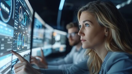 Poster - A marketing and sales team in a real, modern office, intently studying a dashboard filled with data. the engagement of the team with the digital data analysis on the screens. Generative AI.