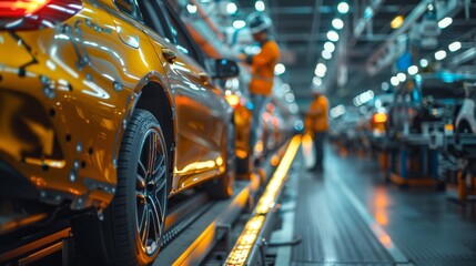 Wall Mural - automotive engineer inspecting a vehicle assembly line, detailed focus on product quality