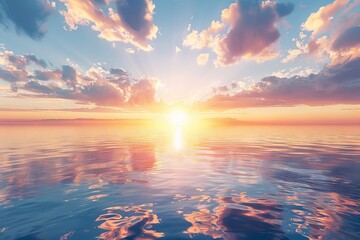 Wall Mural - Vibrant sunrise over tranquil waters with fluffy cumulus clouds on a transparent white backdrop, perfect for peaceful landscapes