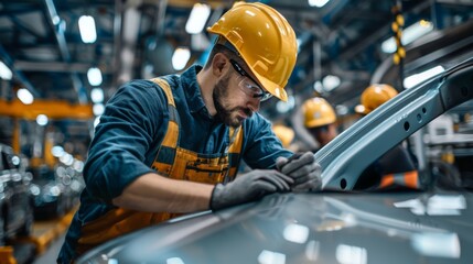 Automotive engineers are inspecting production and controlling automobile assembly standards. Emphasis is placed on product quality inspection within automobile assembly plants.