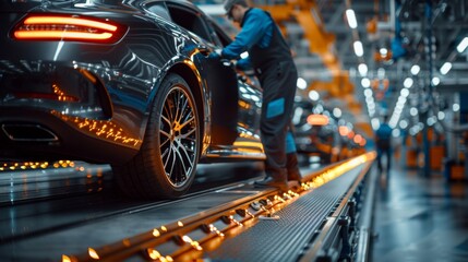 Wall Mural - Realistic image of an automotive engineer inspecting a vehicle assembly line