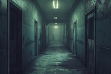 Wall Mural - Haunted Hospital Corridor with Flickering Lights and Creaking Doors