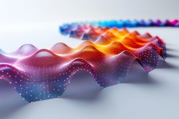 Wall Mural - a visually striking 3d rendered abstract of a neon, wavy mesh landscape dotted with floating particl