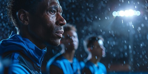 soccer player, showing a coach and players discussing formations, captured in sharp focus.