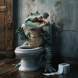 Crocodile Sitting on Toilet Holding Teeth and Eating Toilet Paper with Exaggerated Expressions in