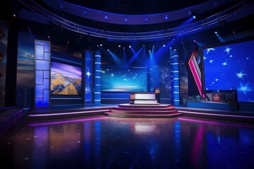 News television broadcasting studio. Production of news tv program virtual room. Generate ai