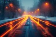© Larisa AI - Snowfall on a tranquil road featuring fiery light trails from vehicles, captured during nighttime with a long exposure