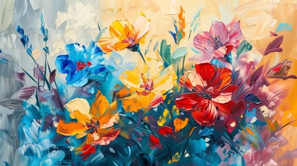 Wall Mural - Abstract oil painting on canvas displaying semi-abstract flowers in yellow, red, and blue colors, with hand-drawn brush strokes for modern art backgrounds.