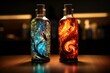 Two illuminated glass bottles with vibrant blue and red swirl designs, on a dark background