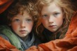 Touching portrait of a boy and girl siblings cuddled together, with a focus on their expressive eyes