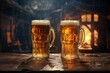 Two full, frothy beer mugs clink on a rustic wooden bar with cozy, glowing background