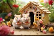 Two adorable hamsters eating tiny food bowls outside a wooden model house among flowers