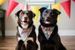 Two happy dogs wearing party hats and bandanas, celebrating with festive spirit