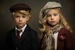 Elegantly dressed children in vintage attire posing for a timeless portrait