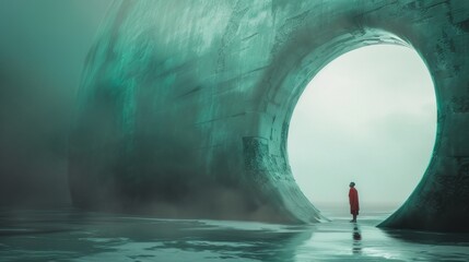 Wall Mural - a woman stands in front of a large, green, circular hole. the scene is dark and mysterious, with the