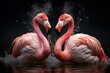 Two flamingos interact creating a heart shape with splashing water backdrop