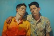 Oil painting of two men in colorful shirts against a blue background, with a thoughtful expression