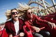 Two friends on red rollercoaster. Amusement people on holiday together lifestyle. Generate Ai