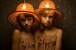 Portrait of twin girls wearing glowing orange hats, with a moody, dark background