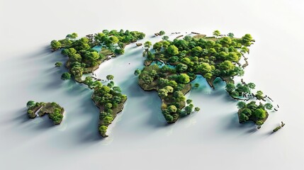 Wall Mural - World map covered in trees and water, isolated on a white background. Concept for Earth Day and Environment Day.