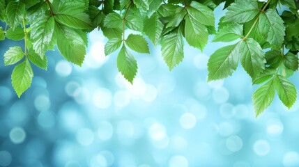   A tree branch with verdant leaves up close against a backdrop of blue, blurred lights