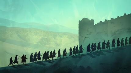 Minimalist depiction of the Israelites marching around Jericho