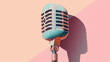 A stylized illustration of a classic microphone with a human shadow profile, depicting the concept of podcasting, broadcasting, or vocal performance on a dual-tone background.