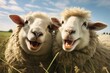 Two sheeps celebrating. Cute funny. Generate Ai
