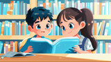 Two animated children reading a book together in a library, surrounded by shelves of books, with expressions of curiosity and enjoyment on their faces.