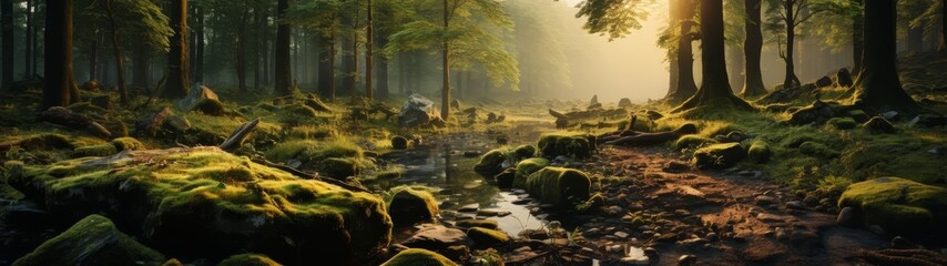 Sticker - Enchanted forest landscape with stream and sunlight