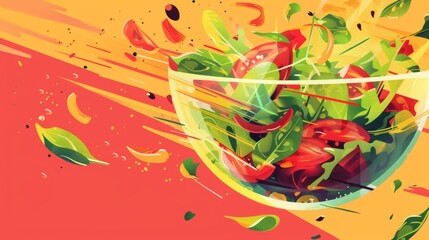 Wall Mural - Playful poster featuring a spinning bowl of salad