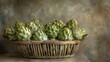 Artichokes neatly arranged in a woven basket on a textured backdrop.
