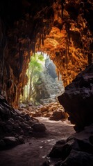 Wall Mural - Dramatic cave entrance with lush vegetation