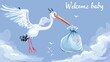 Cute cartoon vector illustration of a white stork flying in the sky, carrying an open bag of baby in its beak. Welcome new born baby concept. Banner with pastel blue background.