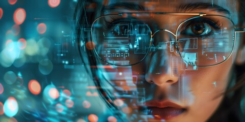 Close-Up of Woman Analyzing Digital Data on Computer Screen at Night. Generative AI
