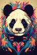 Vector illustration of panda, portrait with colorful splashes and paint strokes in the background. Symmetrical composition and digital art.