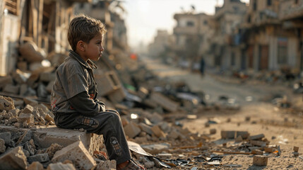 A boy sits on a pile of rubble in a city