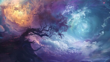 Wall Mural - A tree is growing in the sky with a blue and purple background. The sky is filled with clouds and stars