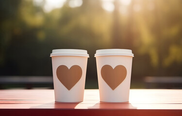 Wall Mural - two cardboard cups on white wooden table with hearts over blurre