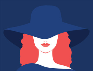 Wall Mural - Portrait of a redhead woman in a hat. Abstract elegant woman with hat covering her eyes. Faceless portrait. Vector illustration