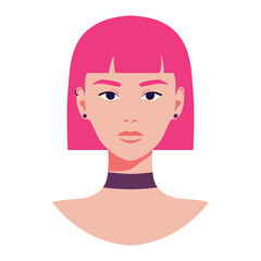 Portrait of a beautiful woman with pink hair and piercing. Full face isolated on white background. Avatar for social media. Vector illustration