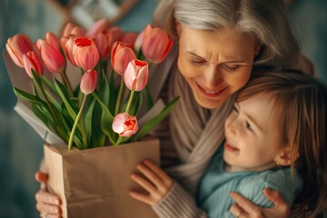 A woman and a child are holding a bouquet of pink tulips. The woman is smiling and the child is looking up at her. Concept of warmth and happiness, as the woman