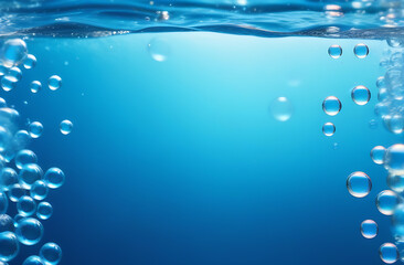 narrow panorama of bubbles in clear blue water background. 