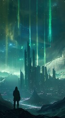 Wall Mural - A futuristic city skyline silhouetted against a backdrop of glowing auroras