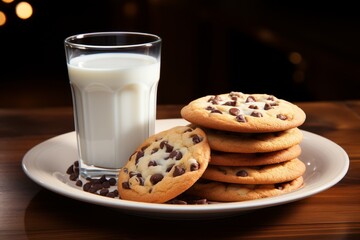 Wall Mural - Delicious chocolate chip cookies and a glass of milk