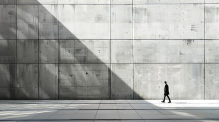 Wall Mural - a man walks down a sidewalk in front of a large concrete wall. the wall is covered in cracks and has